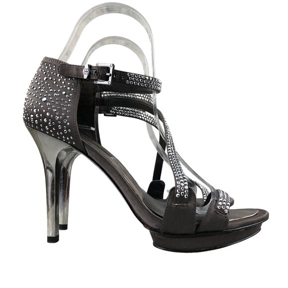 BCBGMaxAzria Women's Size 7B Peeking Grey Silver Fabric Embellished Heels - Picture 1 of 15